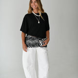 Kari Knit Top w/ Asymmetrical Lace Contrast- Jet Black