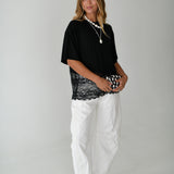 Kari Knit Top w/ Asymmetrical Lace Contrast- Jet Black