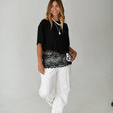 Kari Knit Top w/ Asymmetrical Lace Contrast- Jet Black
