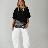 Kari Knit Top w/ Asymmetrical Lace Contrast- Jet Black