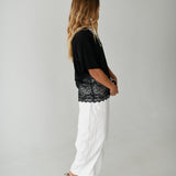 Kari Knit Top w/ Asymmetrical Lace Contrast- Jet Black