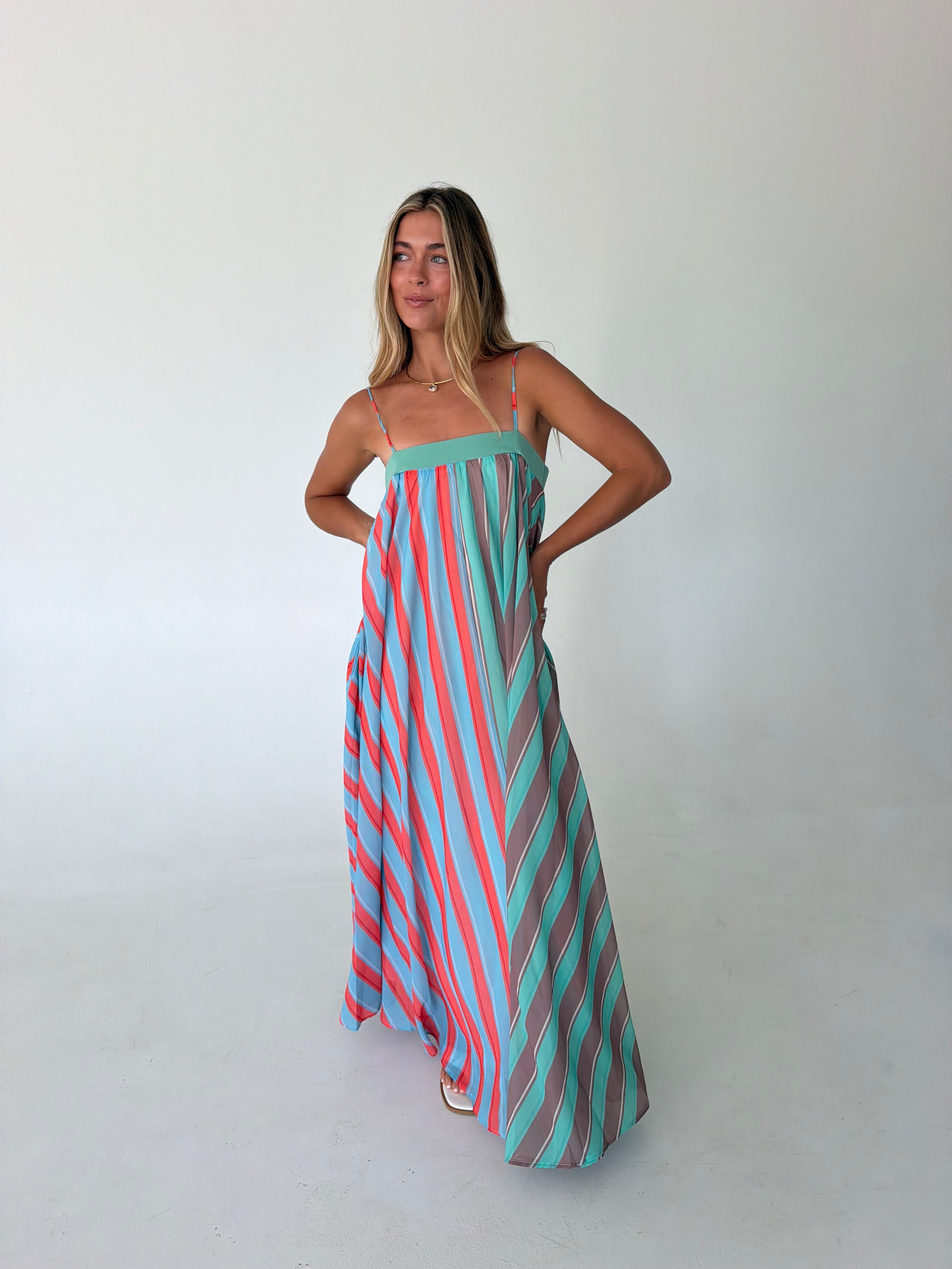 Roselyn Striped Maxi Dress- Mint Sage