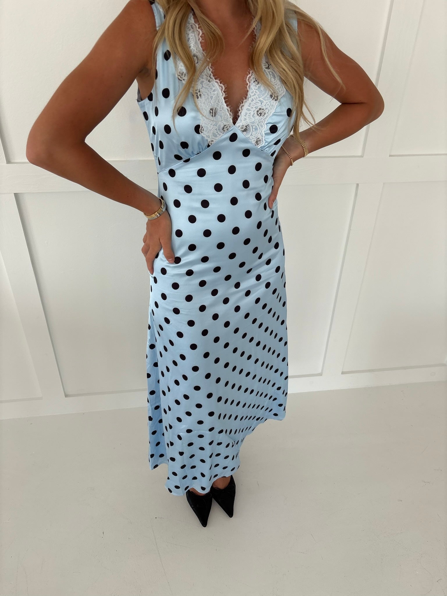 Presley Satin Polka Dot Maxi Dress- Blue/Black