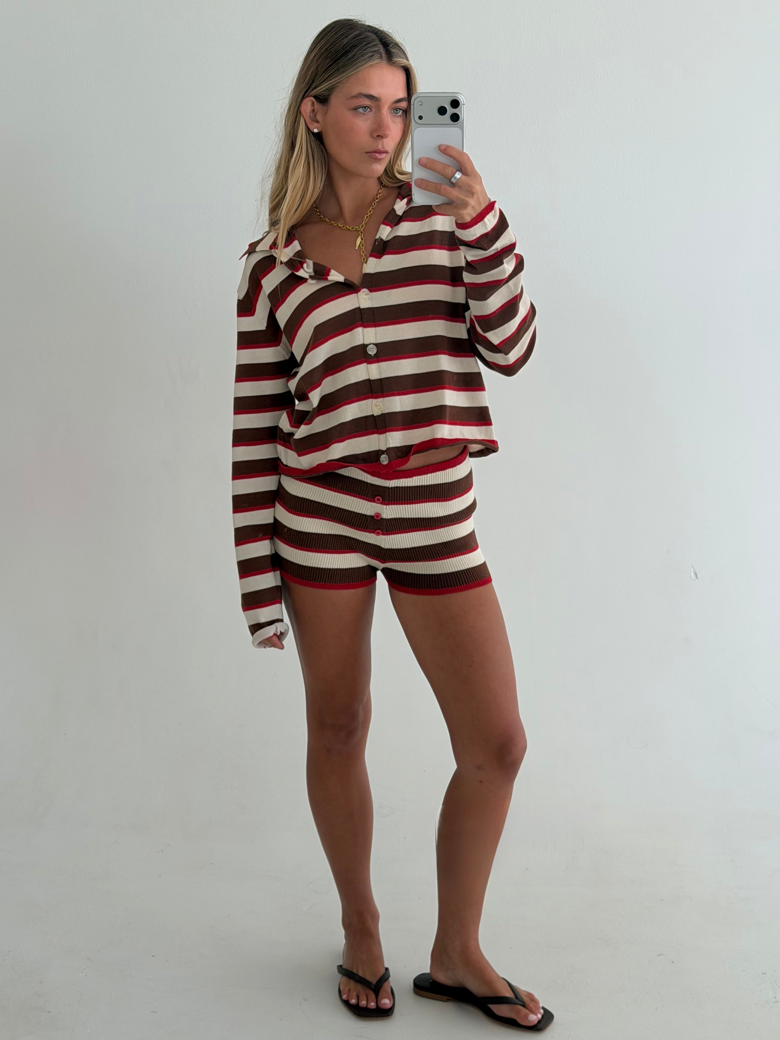 Dorie Striped Knit Button Shorts - Brown