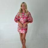 Veronica Floral Jacquard Puff Sleeve Mini Dress - Coral