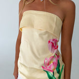 Amy Floral Print Strapless Top- Butter Yellow