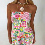 Tropical Strapless Mini Dress - Resort Pink