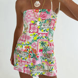 Tropical Strapless Mini Dress - Resort Pink