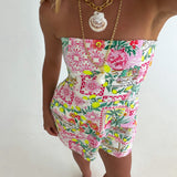 Tropical Strapless Mini Dress - Resort Pink