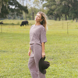 Fancy Striped Oversized Short Sleeve Top - Peony/Chocolate