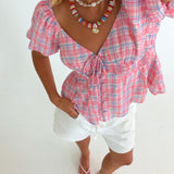 Amelia Plaid Peplum Top - Pink Multi