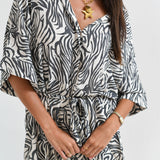Zoe Zebra Print Oversized Belted Romper - Charcoal