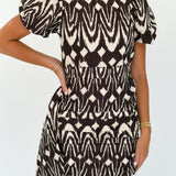 Logan Puff Sleeve Mini Dress - Dark Brown/Cream (PREORDER)