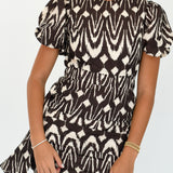Logan Puff Sleeve Mini Dress - Dark Brown/Cream (PREORDER)