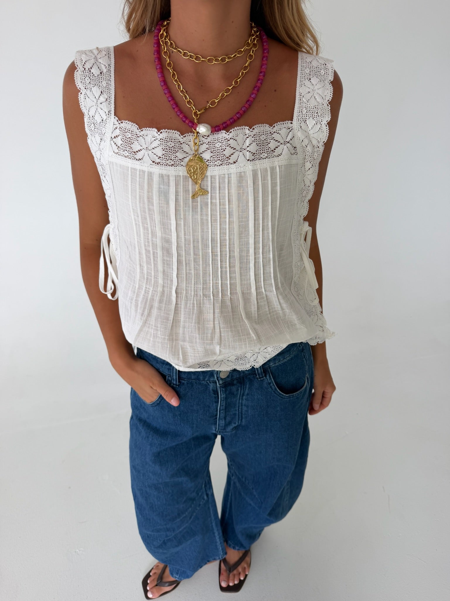 Kacie Lace Side Tie Top- Off White
