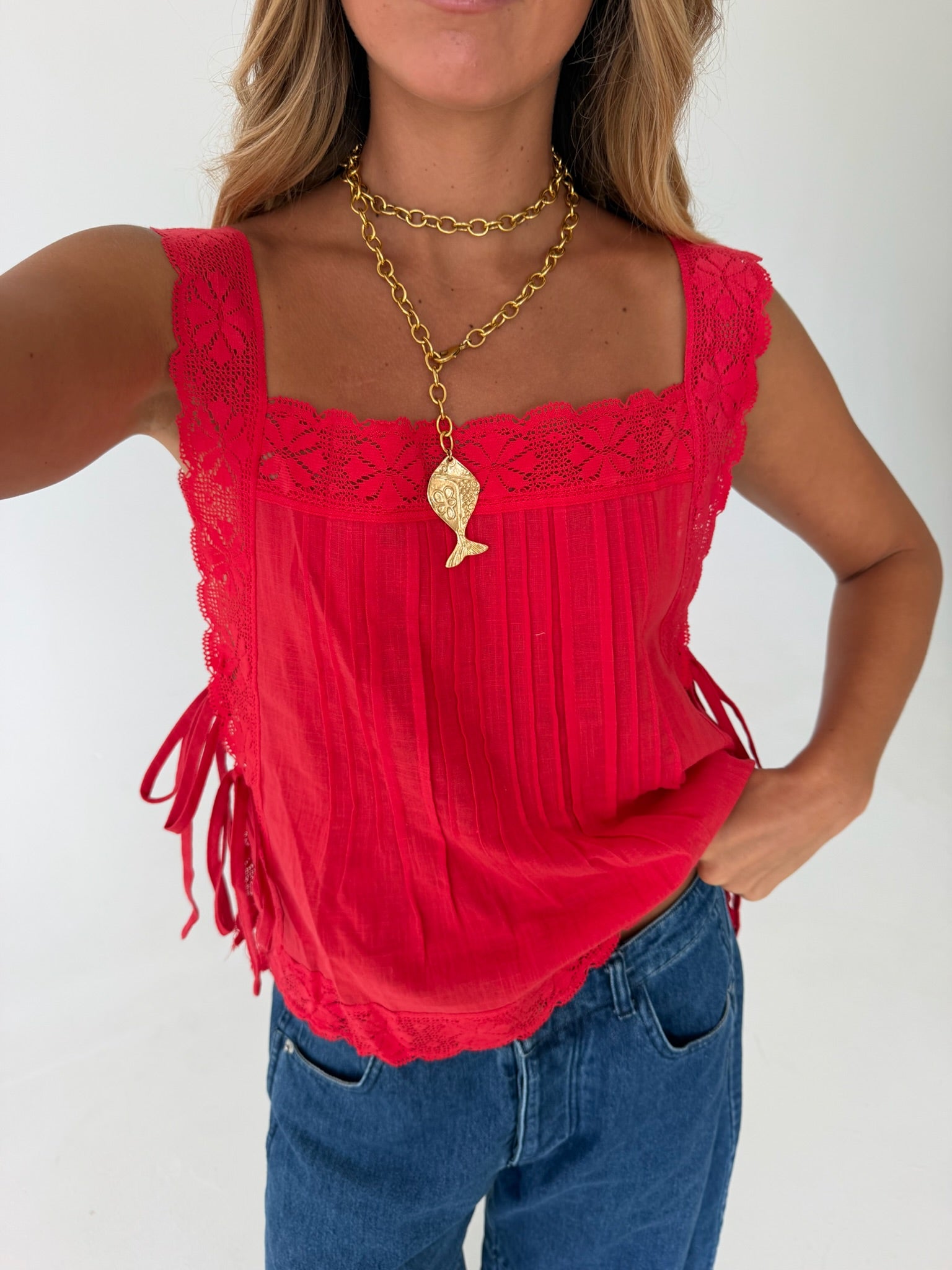 Taylor Lace Side Tie Top- Tomato Red