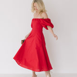 Sandy Puff Sleeve Midi Dress - Red