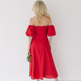Sandy Puff Sleeve Midi Dress - Red