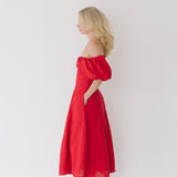 Sandy Puff Sleeve Midi Dress - Red