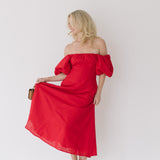 Sandy Puff Sleeve Midi Dress - Red