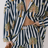 Kate Navy Palm Striped Button Boxer Set - Navy/White