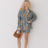 Kate Navy Palm Striped Button Boxer Set - Navy/White