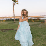 Camellia Floral Ruffle Maxi Dress - Aqua