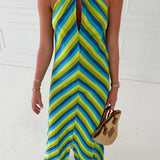 Valorie Halter Neck Maxi Dress - Lime/Blue