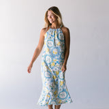 Harvest Island Halter Midi Dress - White/Blue/Yellow