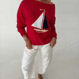 Boat Neck Sweater Top -Red
