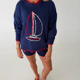 Sailboat Knit Sweater - Navy