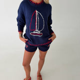 Sailboat Knit Sweater - Navy