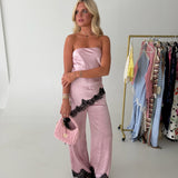Mariah Satin Lace Trim Strapless Top and Pants Set - Pink