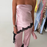 Mariah Satin Lace Trim Strapless Top and Pants Set - Pink