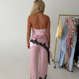 Mariah Satin Lace Trim Strapless Top and Pants Set - Pink
