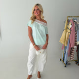 Maggie Satin Boat Neck Top - Lt. Blue