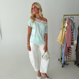 Maggie Satin Boat Neck Top - Lt. Blue