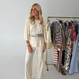 Miranda Wide-Leg Pant Set with Bandana Scarf Belt - Cream