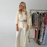 Miranda Wide-Leg Pant Set with Bandana Scarf Belt - Cream