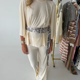 Miranda Wide-Leg Pant Set with Bandana Scarf Belt - Cream