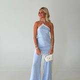 Satin Lace Halter Jumpsuit - Light Blue