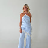Satin Lace Halter Jumpsuit - Light Blue