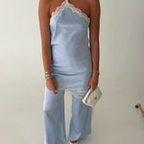 Satin Lace Halter Jumpsuit - Light Blue