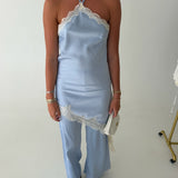 Satin Lace Halter Jumpsuit - Light Blue