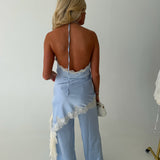 Satin Lace Halter Jumpsuit - Light Blue