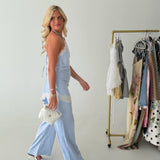 Satin Lace Halter Jumpsuit - Light Blue