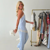 Satin Lace Halter Jumpsuit - Light Blue