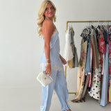 Satin Lace Halter Jumpsuit - Light Blue