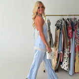 Satin Lace Halter Jumpsuit - Light Blue