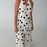 Courtney Mixed Polka Dot Halter Maxi Dress - Off White/Black